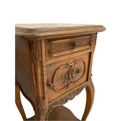 Pair early 20th century French walnut bedside pot cupboards, marble top in moulded edge over drawer and cupboard, the cupboard with lined interior, cabriole supports united by under-tier, carved with shell and floral motifs  