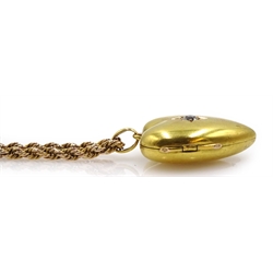 Edwardian 15ct gold old cut diamond, heart shaped locket pendant stamped, on 9ct gold rope twist necklace