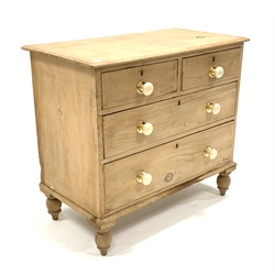 Victorian stripped pine chest of two short and two long graduated drawers, replaced ceramic pull handles, raised on turned supports, W92cm, H81cm, D48cm