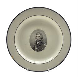 Early 19th century Herculaneum creamware circular plate printed in black with an oval bust portrait of Nelson with black line border D25cm impressed mark