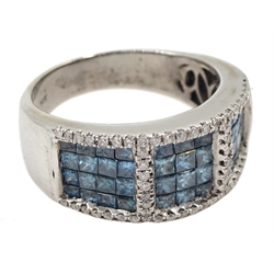 White gold square cut blue diamond and round brilliant cut white diamond ring, tamped 14K