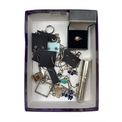Silver jewellery and items, including a silver cased atomiser, silver earring, a cultured pearl ring, pendants and chains