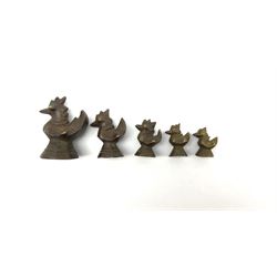 Set of five  Burmese bronze graduated opium weights in the form of ducks Largest H4cm