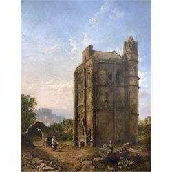 Attrib Henry William Brewer (British 1830-1903): Figure Beside Ruined Tower, oil on board unsigned inscribed verso 46cm x 33cm