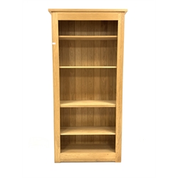 Contemporary solid oak open bookcase, with five adjustable shelves, W97cm, H200cm, D34cm