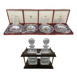 20th century decanter stand with two glass decanters L30cm and a set of four Spode limited edition plates from the British Steam series, retailed by Mulberry Hall, boxed and with certificates