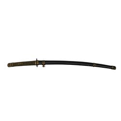 World War II Japanese Katana with cord wound tsuka and military mounts in lacquered scabbard, length of blade 65cm