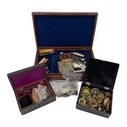 Lacquered box, cutlery box and jewellery box with contents of costume jewellery, coins, cheroot holders, mother of pearl handled knives etc 