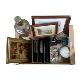 Framed crystoleum, various prints, large hand blown glass goblet, various coins and miscellanea in one box