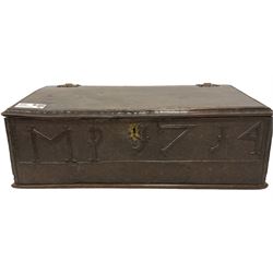 Early 18th century oak bible box, rectangular sloped hinged top with moulded edge, the front carved with initials 'MP' and dated '1714', decorated with geometric chip carving below