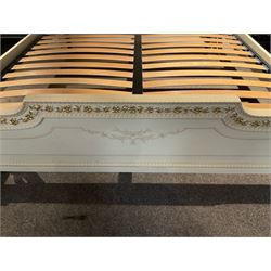 Barnini Oseo - super king 6' 'Reggenza' bedstead, the headboard with a pierced cartouche pediment with extending scrolling foliage, decorated with trailing gilt flower heads, upholstered in buttoned lilac velvet, raised on cabriole feet, in a cream finish