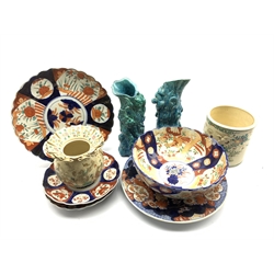 Japanese Imari pattern bowl decorated in orange and blue D25cm, four various Imari plates, Japanese cylindrical jar, Japanese Satsuma vase in the form of a tied bag and a pair of pottery vases 