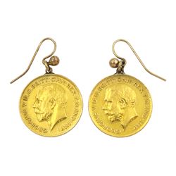 Pair of half sovereign coin earrings dated 1913 and 1914, with soldered mounts
