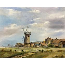 Campbell Trotter (British 20th century): Windmill on the Dutch Coast, oil on canvas signed and dated '91 together with two pen and wash drawings of a terrace and viaduct by the same hand max 40cm x 49cm (3)