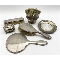 Silver backed three piece dressing table set Birmingham 1933, silver dressing table box, two silver thimbles, glass butter dish with silver frame and an Indian white metal pedestal bowl D11cm
