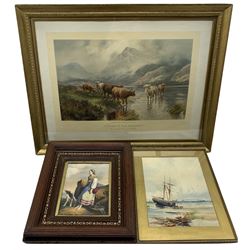 Edith Roe (British 19th/20th century): Beached Ship with Figures, watercolour signed and dated 1900 together with After Henry Robinson Hall (British 1859-1927): 'Sunrise in the Highlands', lithograph signed in the plate; English School (19th century): 'The Fisherman's Wife', hand-coloured engraving max 41cm x 59cm (3)