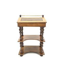 Victorian walnut davenport writing desk, the top with three quarter brass gallery lifting to reveal ink wells and storage compartments, over inset tooled leather writing slope with floral boxwood inlay lifting to reveal plain interior, over two shaped under tiers raised on turned supports W56cm