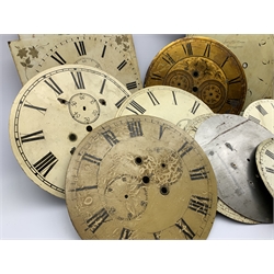 Various clock dials, manly white painted enamel, (15) and some longcase movement seat boards, 