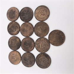 Thirteen King George V India 1/12 Anna coins