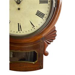 English - William IV drop dial 8-day fusee wall clock in a mahogany case, with pendulum viewing glass and brass inlay, with shell motif carved ears to the sides and with base and side pendulum regulation doors, 12” painted dial, Roman numerals and finely pierced steel hands within a flat glass and brass bezel, eight-day fusee movement with pendulum & key. 
