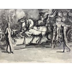 Harold Hope Read (British 1881-1959): 'Three Ladies Approaching' and 'Horse and Rider', monochrome and monochrome wash (respectively), signed, labelled verso max 22cm x 30cm (2) (unframed)