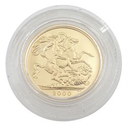 Queen Elizabeth II 2000 gold proof full sovereign coin, cased, no certificate
