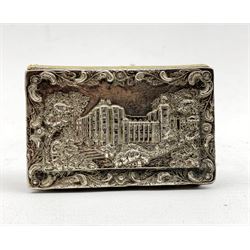 Early Victorian silver aide memoire with pencil and ivory leaves embossed with a view of Abbotsford House with Kenilworth Castle to the reverse 8cm x 5cm Birmingham 1837 Maker Nathaniel Mills