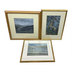 Box of 8 pictures in gold frames, including hand drawn landscapes