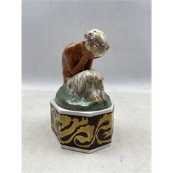 Royal Copenhagen overglazed figure 'Weeping Faun' on octagonal stand, designed by Gerhard Henning, impressed and painted marks, both pieces dated 23.11.26, H17cm