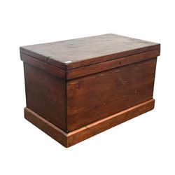 Victorian stained pine carpenters tool chest, the hinged lid revealing mahogany lined interior fitted with three sliding lift out compartments with multiple divisions, raised on skirted base W92cm, H57cm, D54cm 