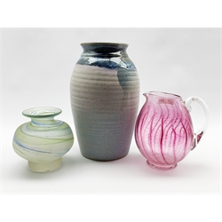 Shakespear art glass vase H14cm,  similar style glass jug signed to base P. Kemp 92' and a Gerald & Lyn Grant Fangfoss Studio Pottery vase (3)