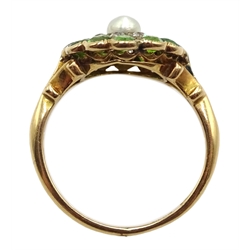 Edwardian gold demantoid garnet, diamond and pearl ring, stamped 18ct, makers mark T & C 