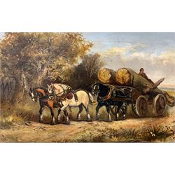 English School (19th century): Horses and Cart Transporting Lumberjack and Logs, oil on canvas unsigned 38cm x 58cm