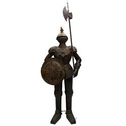 Medieval Style full size suit of armour and helmet together with shield and halberd, H200cm
