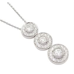 18ct white gold three row, round brilliant cut diamond halo cluster pendant necklace, stamped 750