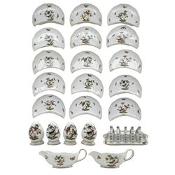 Set of fifteen Herend Rothschild Bird pattern crescent shape dishes, pair of sauce boats, toast rack and four condiments (22)