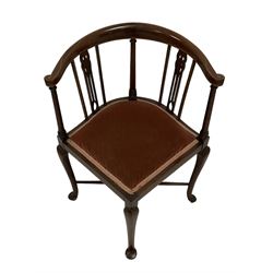 Edwardian inlaid mahogany corner chair (W57cm H72cm); and early 20th century footstool, rectangular seat upholstered in cross stitch tapestry fabric with harp design (W70cm D48cm)