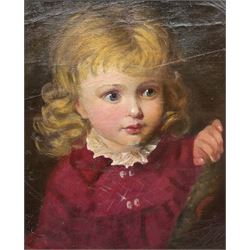 English School (Early 20th century): Portrait of a Girl in a Red Dress, oil on canvas laid onto board unsigned 34cm x 28cm