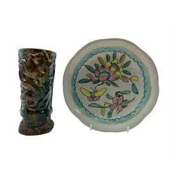 Chinese Ming Dynasty turquoise glazed earthenware vase, decorated in relief with Dragons on a scrollwork ground  H18cm, together with a Chinese Export Famille Rose pedestal dish (2)