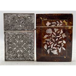 19th century silver filigree card case, the front with a small shield cartouche, initialled, unmarked, together with a 19th century Tortoiseshell card case with mother-of-pearl floral inlay (2)