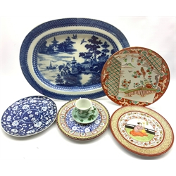 19th Century English pearl ware blue and white meat plate, L53cm, Chinese blue and white prunus pattern plate, Japanese hand painted plate etc