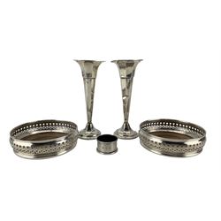 Pair of silver trumpet shape vases H18cm , pair of silver bottle coasters with turned wooden bases London 1970 Maker J.B.Chatterley & sons  and silver serviette ring