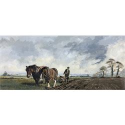 English School (20th century): Farmer Ploughing Fields with Two Horses, watercolour unsigned 31cm x 72cm