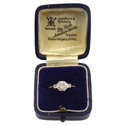 Art Deco gold milgrain set diamond ring, stamped 18ct & PT, boxed