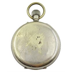 Goliath Swiss lever pocket watch in a nickel case, white enamel dial with blued steel spade hands and subsidiary seconds hand, retailed by Jays Oxford street, London, in silver engine turned case London 1913