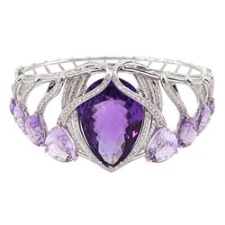 18ct white gold amethyst and diamond suite, comprising necklace, pair of pendant stud earrings and bracelet and ring, each with pear cut amethysts and round brilliant cut diamonds, stamped 750 