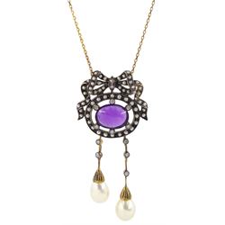 Oval cabochon amethyst diamond and pearl bow top pendant, on 9ct gold trace link necklace, stamped 375