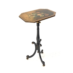 Regency ebonised occasional table, telescopic octagonal top painted with floral bouquet, raised on ring turned column and triple splay scroll supports terminating in brass balls, H82cm