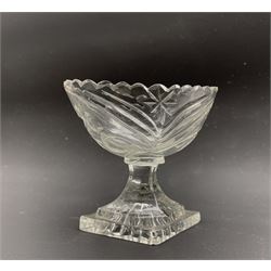 Two pairs of Georgian glass salts, the first of navette form with star cut body on 'lemon squeezer' base, the second pair with cut glass body on square base, H9cm, together with a pair of 19th century glass rummers, another rummer inscribed Joseph & Mary Kelsall 1842 and one other (8)