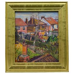 John Bowes (British 1899-1974): English Farmstead, oil on canvas signed, dated c1950 verso 50cm x 60cm; Northern British School (20th Century): The Rooftops, oil on board unsigned, indistinctly titled verso 34cm x 29cm (2)